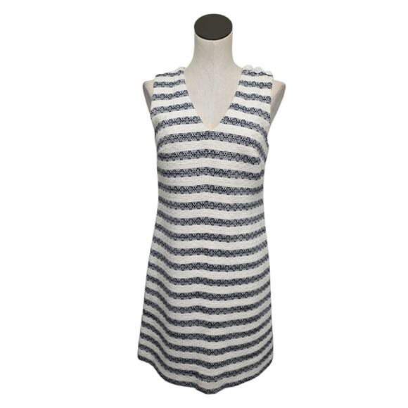 J. Crew Striped Tweed Sheath White Blue Nautical Dress Size 4 V Neck Office - Picture 1 of 9